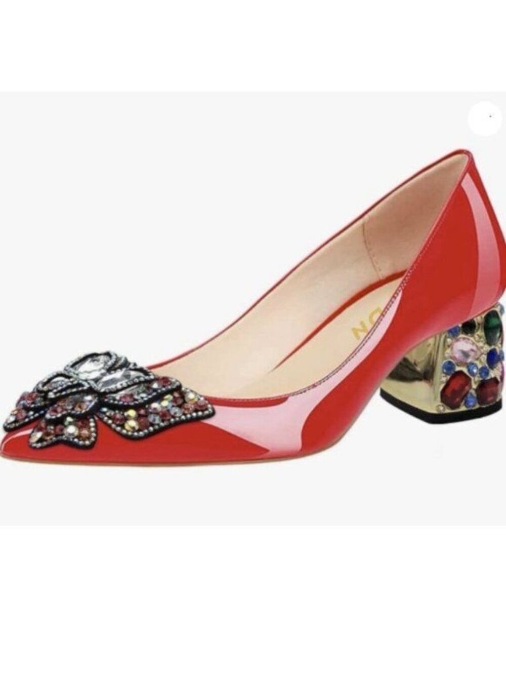 YDN Women Pointed Toe Bow Pump Colorful Rhinestone Block Low Heel Butterfly Red